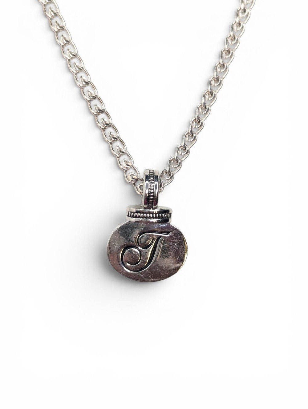 Silvertone Script Initial "T" Pendant Necklace